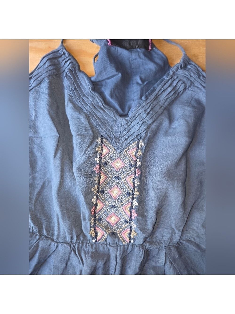 Luluvia Halter Romper Blue Embroidered Large. #SHO40 - Picture 7 of 11